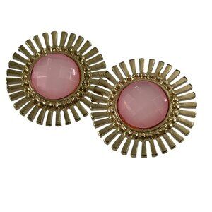 Gold Tone Sunburst Earrings Pink Faceted Plastic Cabochon Center Studs Retro